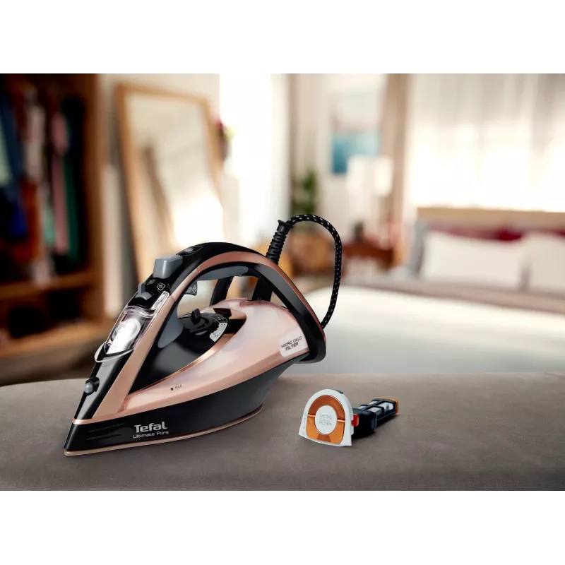 Tefal Ultimate Pure FV9845 steam iron, 3200 W, Durilium AirGlide Autoclean soleplate, 60 g/min continuous steam, 260 g/min steam boost, 350 ml tank, vertical steam, black/copper