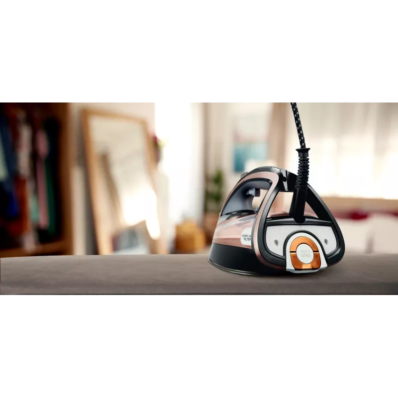 Tefal Ultimate Pure FV9845 steam iron, 3200 W, Durilium AirGlide Autoclean soleplate, 60 g/min continuous steam, 260 g/min steam boost, 350 ml tank, vertical steam, black/copper