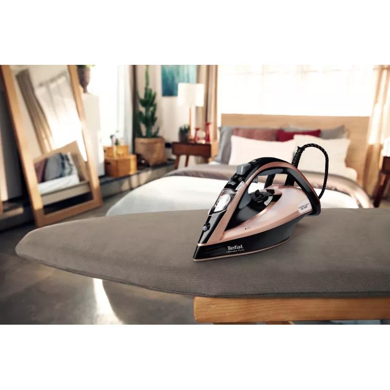 Tefal Ultimate Pure FV9845 steam iron, 3200 W, Durilium AirGlide Autoclean soleplate, 60 g/min continuous steam, 260 g/min steam boost, 350 ml tank, vertical steam, black/copper