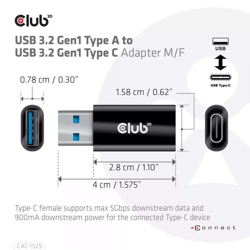 CLUB3D USB 3.2 Gen1 Type A to USB 3.2 Gen1 Type C Adapter M/F