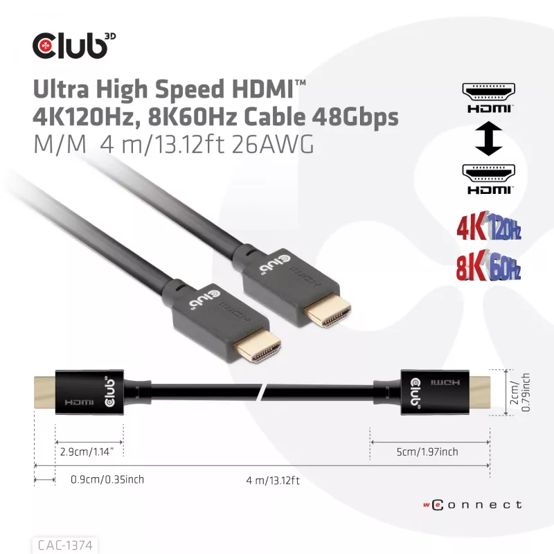 CLUB3D Ultra High Speed HDMI™ 4K120Hz, 8K60Hz Cable 48Gbps M/M 4 m/13.12ft 26AWG