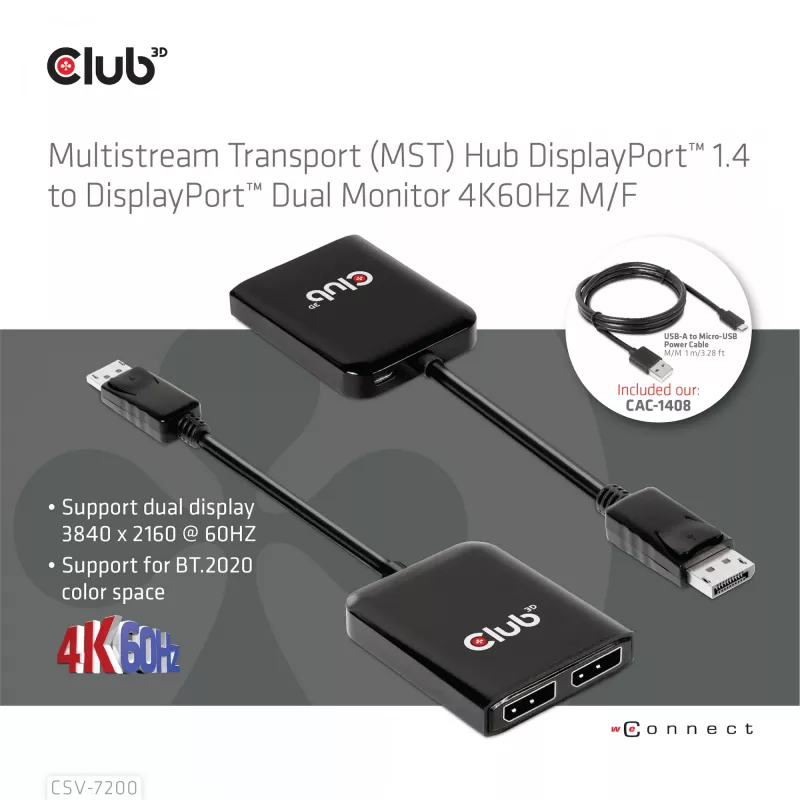 MST hub DisplayPort 1.4 to DisplayPort + HDMI 4K60Hz CLUB3D CSV-7220