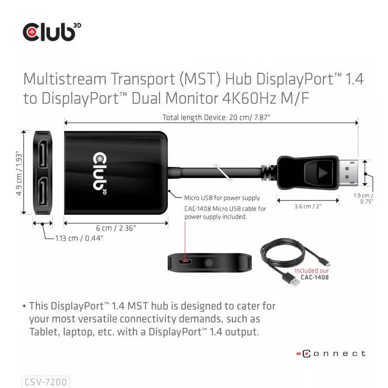MST hub DisplayPort 1.4 to DisplayPort + HDMI 4K60Hz CLUB3D CSV-7220