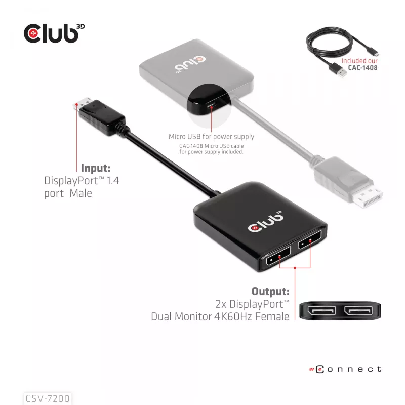 MST hub DisplayPort 1.4 to DisplayPort + HDMI 4K60Hz CLUB3D CSV-7220
