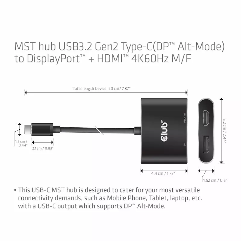 CLUB3D MST hub USB3.2 Gen2 Type-C(DP Alt-Mode) to DisplayPort + HDMI 4K60Hz M/F