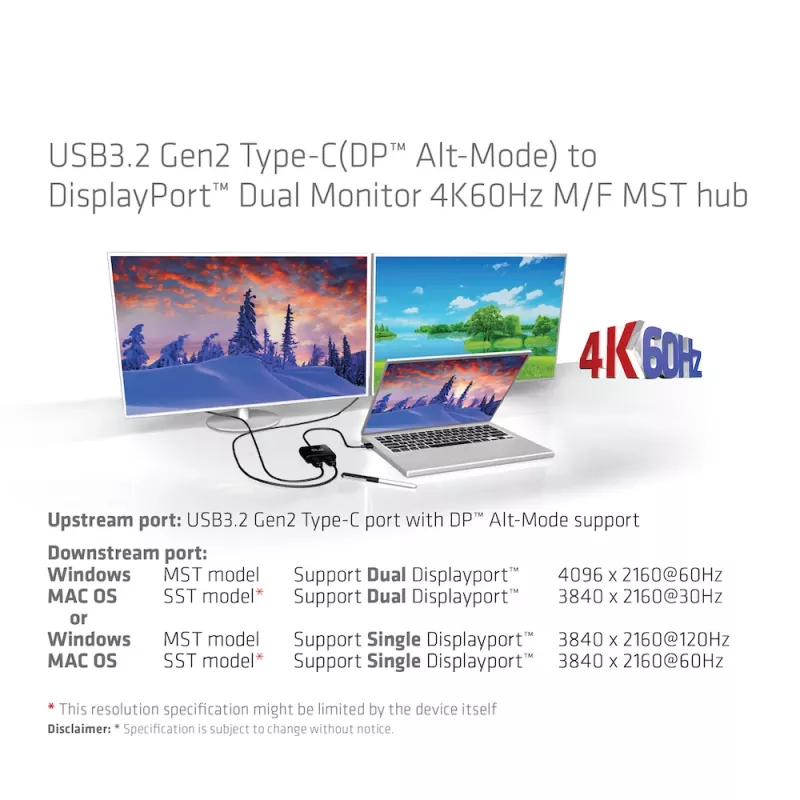 CLUB3D USB3.2 Gen2 Type-C(DP™ Alt-Mode) to DisplayPort™ Dual Monitor 4K60Hz M/F MST hub