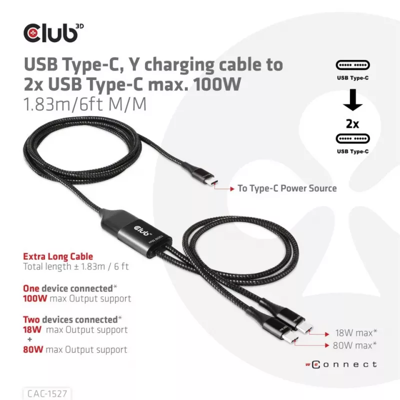 CLUB3D USB Type-C, Y charging cable to 2x USB Type-C max. 100W, 1.83m/6ft M/M