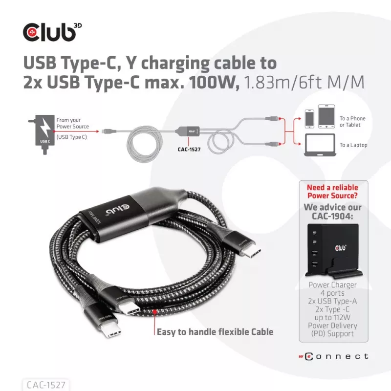 CLUB3D USB Type-C, Y charging cable to 2x USB Type-C max. 100W, 1.83m/6ft M/M