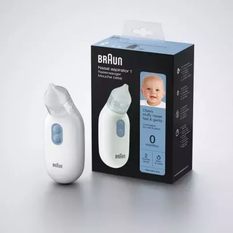 Electric nasal aspirator BRAUN BNA 100 — battery‑powered, adjustable suction, removable tips, white