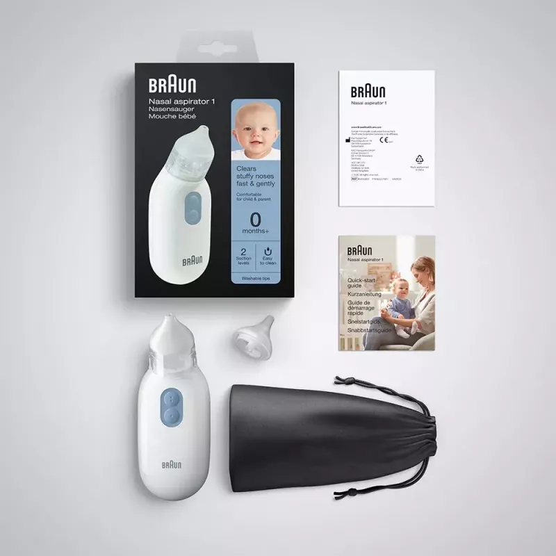 Electric nasal aspirator BRAUN BNA 100 — battery‑powered, adjustable suction, removable tips, white