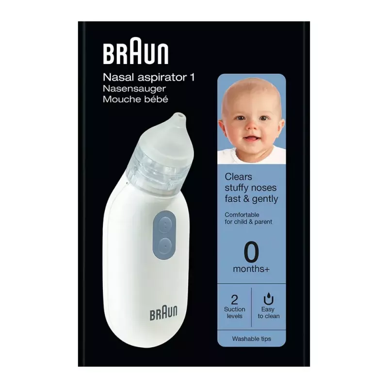 Electric nasal aspirator BRAUN BNA 100 — battery‑powered, adjustable suction, removable tips, white