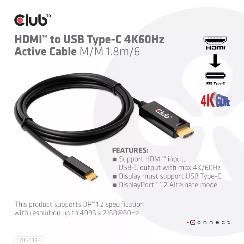 CLUB3D HDMI to USB Type-C 4K60Hz Active Cable M/M 1.8m/6 ft