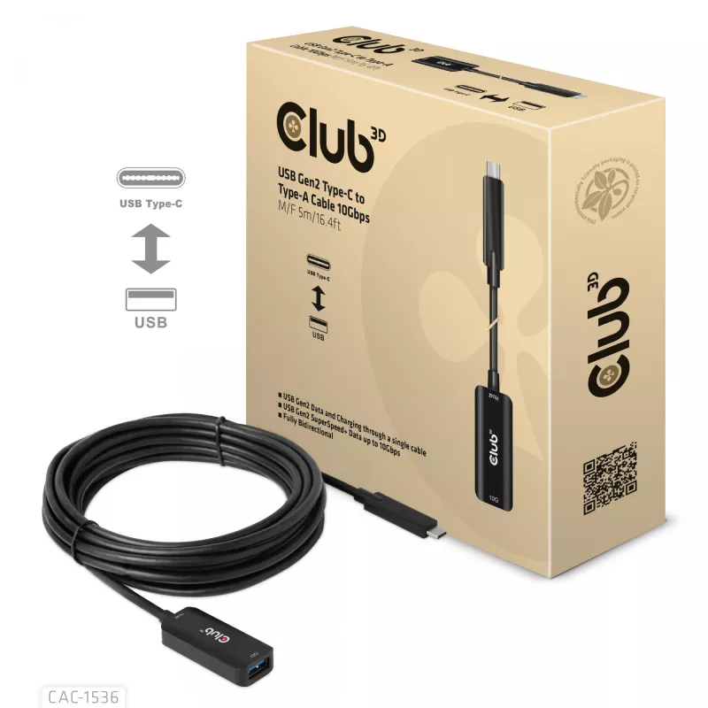 CLUB3D USB Gen2 Type-C to Type-A Cable 10Gbps M/F 5m/16.4ft