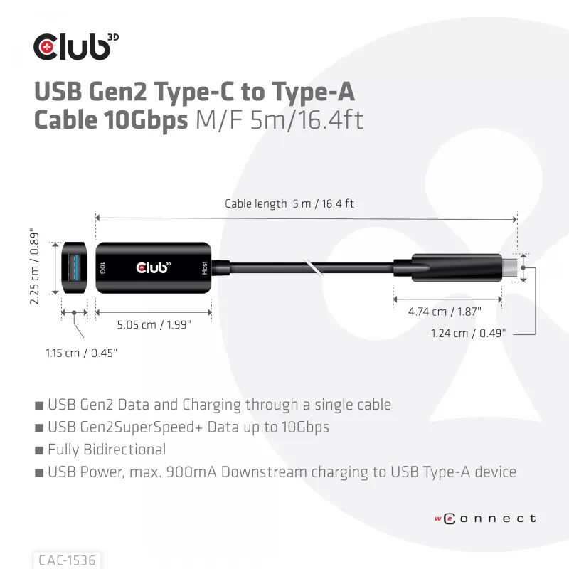 CLUB3D USB Gen2 Type-C to Type-A Cable 10Gbps M/F 5m/16.4ft