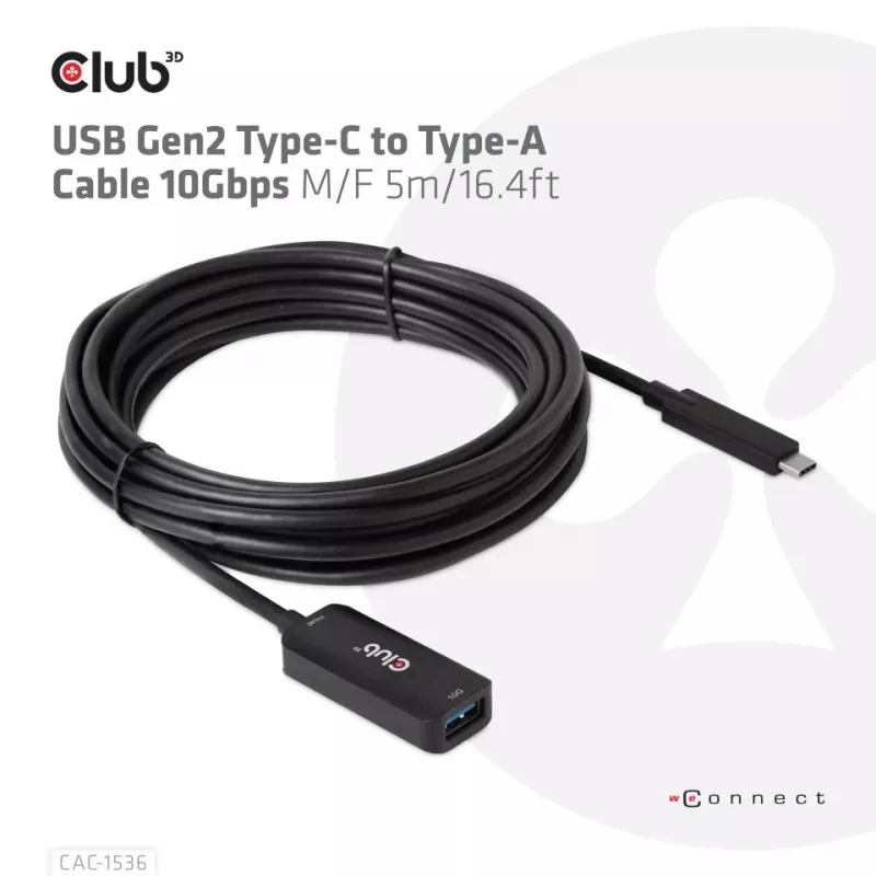 CLUB3D USB Gen2 Type-C to Type-A Cable 10Gbps M/F 5m/16.4ft
