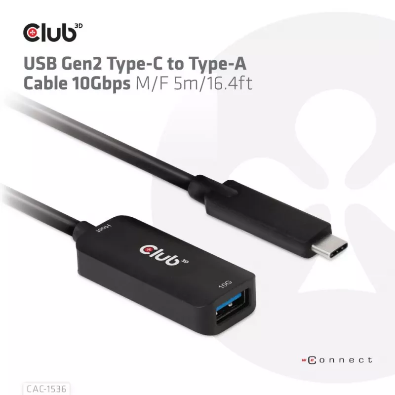 CLUB3D USB Gen2 Type-C to Type-A Cable 10Gbps M/F 5m/16.4ft