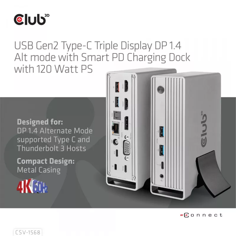 Docking Station CLUB3D CSV-1568 Metal Casing USB Gen2 Type-C USB Gen2 Type-A HDMI DP VGA RJ45 120W