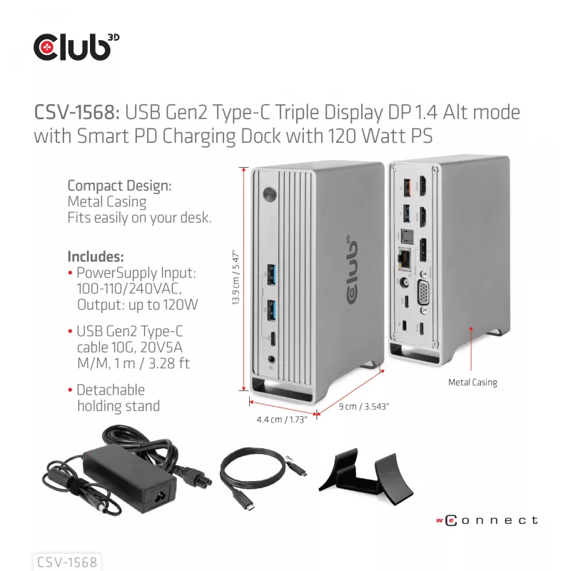 Docking Station CLUB3D CSV-1568 Metal Casing USB Gen2 Type-C USB Gen2 Type-A HDMI DP VGA RJ45 120W