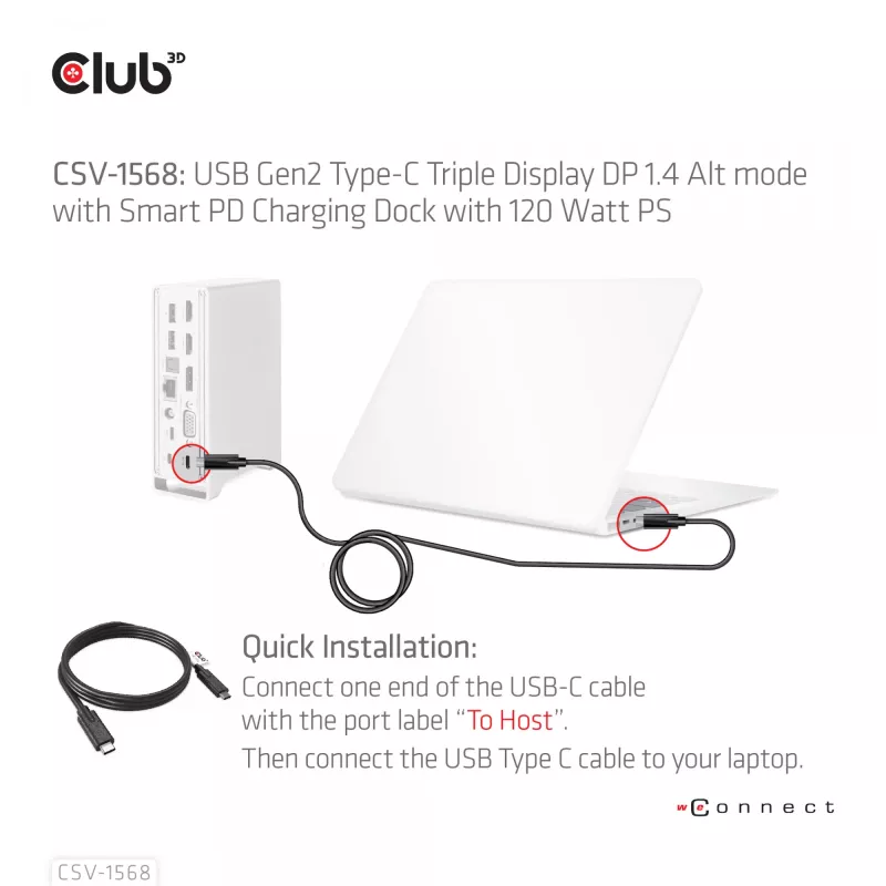 Docking Station CLUB3D CSV-1568 Metal Casing USB Gen2 Type-C USB Gen2 Type-A HDMI DP VGA RJ45 120W