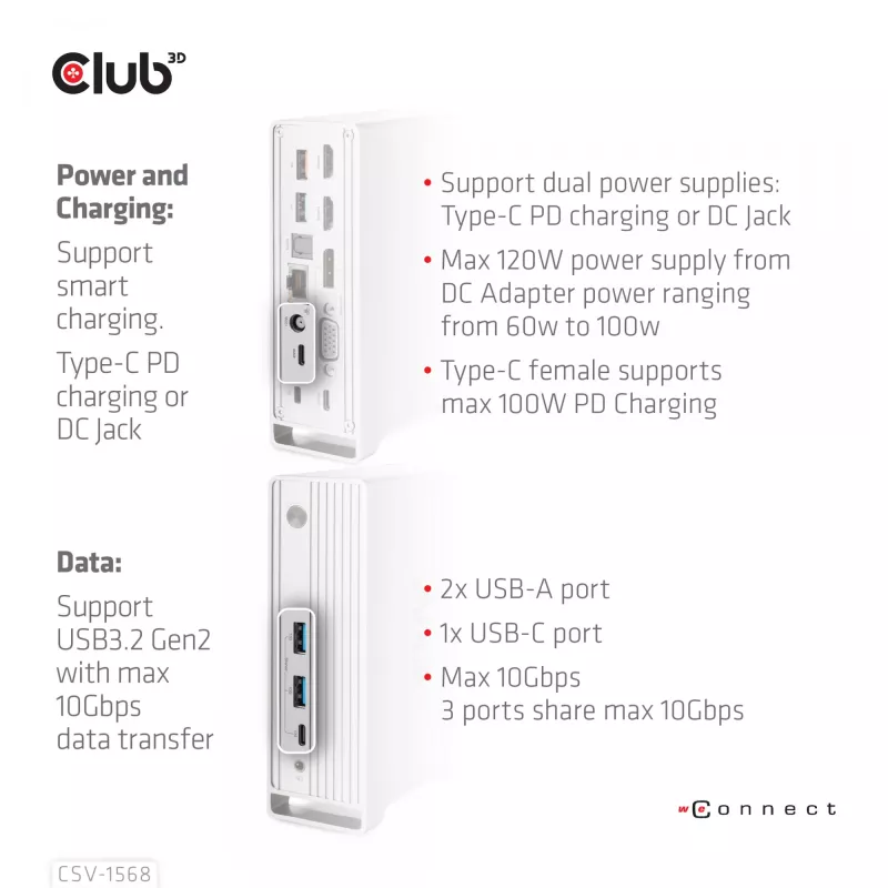 Docking Station CLUB3D CSV-1568 Metal Casing USB Gen2 Type-C USB Gen2 Type-A HDMI DP VGA RJ45 120W