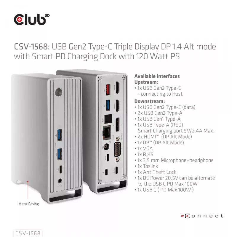 Docking Station CLUB3D CSV-1568 Metal Casing USB Gen2 Type-C USB Gen2 Type-A HDMI DP VGA RJ45 120W
