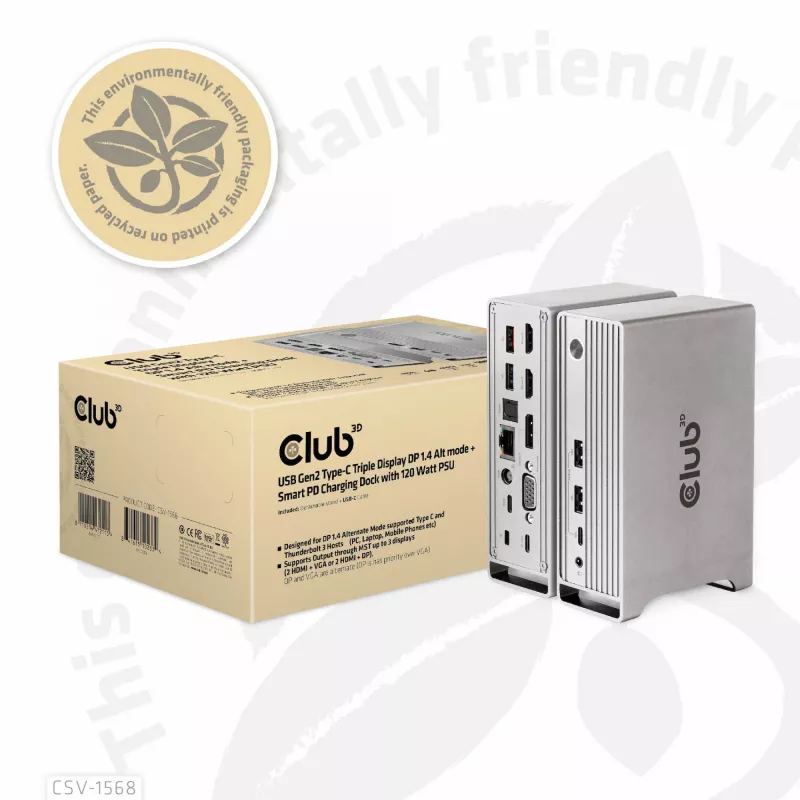 Docking Station CLUB3D CSV-1568 Metal Casing USB Gen2 Type-C USB Gen2 Type-A HDMI DP VGA RJ45 120W