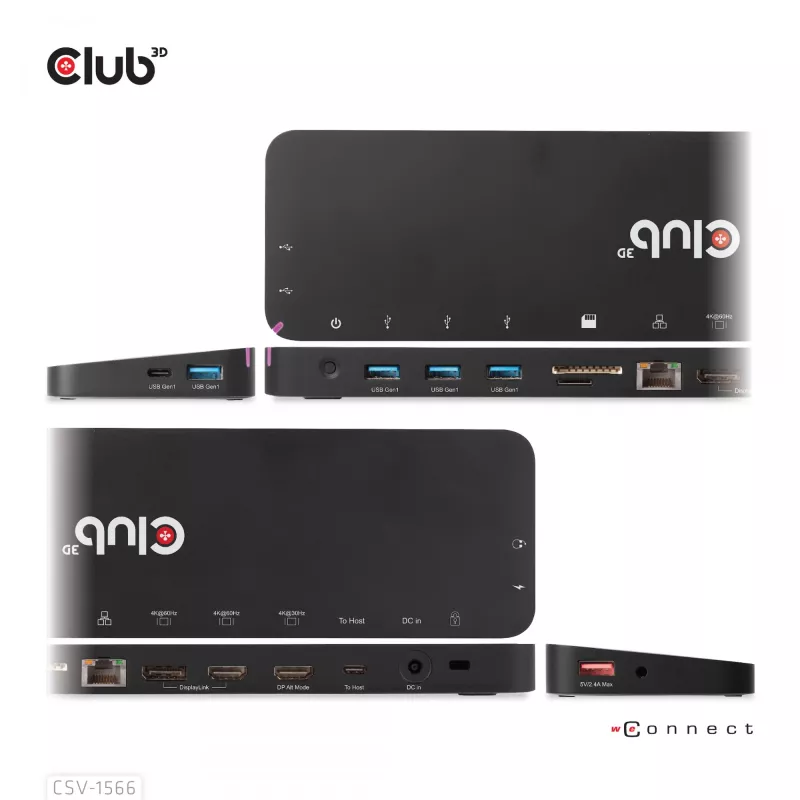 CLUB3D USB Gen1 Type-C Triple Display DP Alt mode Displaylink Dynamic PD Charging Dock with 120 Watt PS