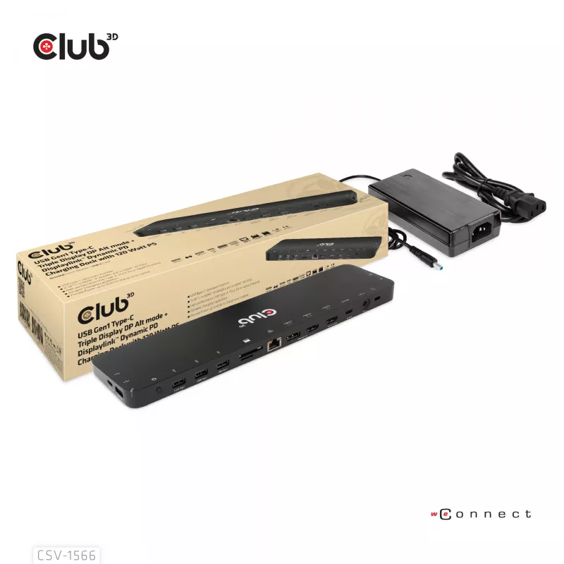 CLUB3D USB Gen1 Type-C Triple Display DP Alt mode Displaylink Dynamic PD Charging Dock with 120 Watt PS