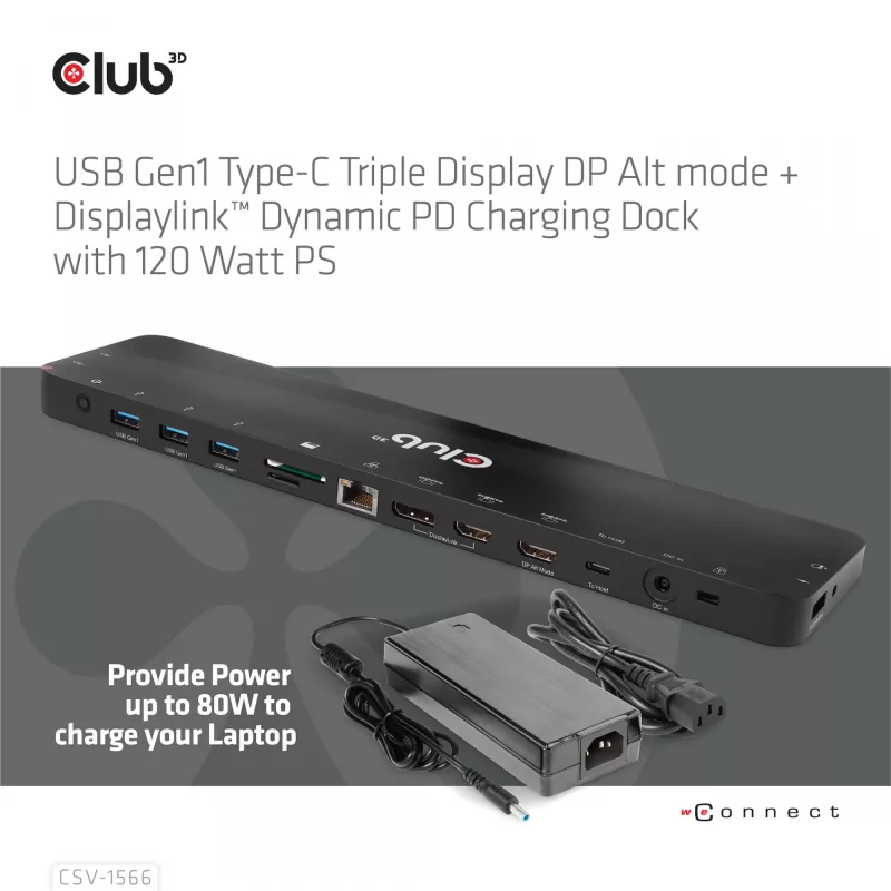 CLUB3D USB Gen1 Type-C Triple Display DP Alt mode Displaylink Dynamic PD Charging Dock with 120 Watt PS