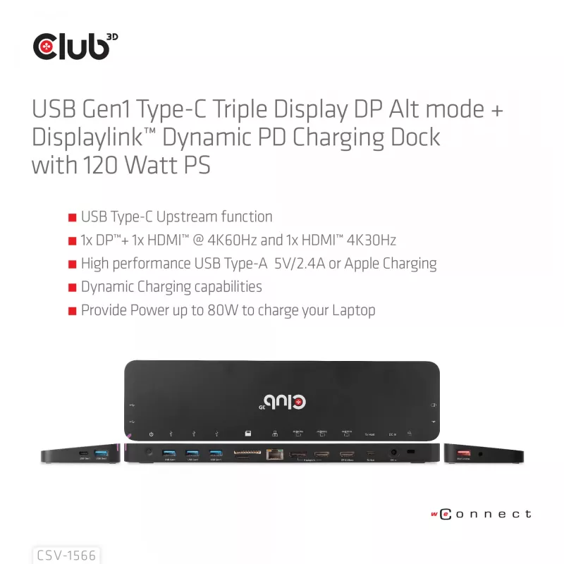CLUB3D USB Gen1 Type-C Triple Display DP Alt mode Displaylink Dynamic PD Charging Dock with 120 Watt PS