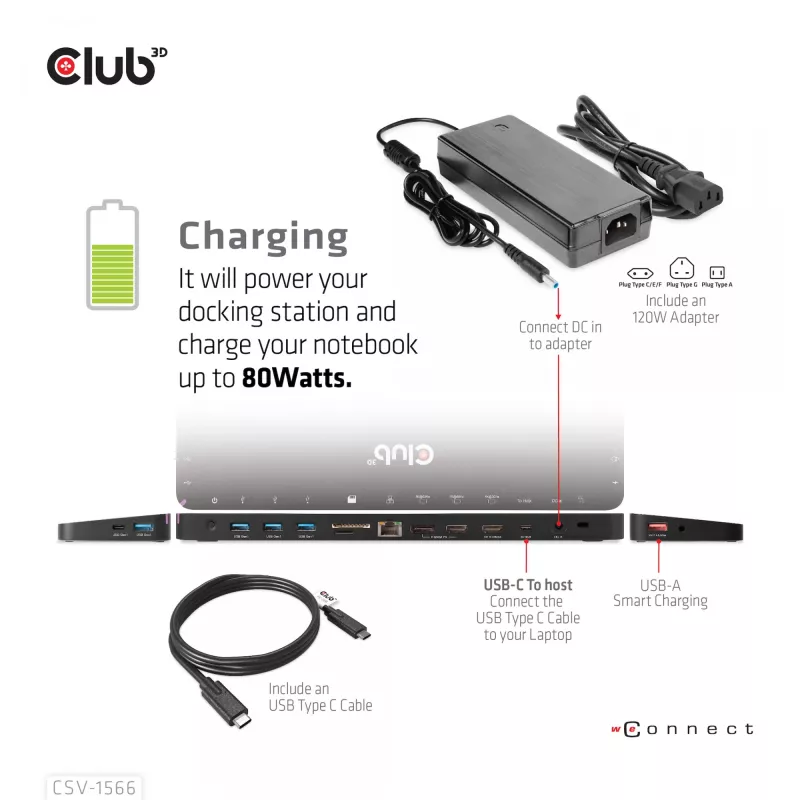 CLUB3D USB Gen1 Type-C Triple Display DP Alt mode Displaylink Dynamic PD Charging Dock with 120 Watt PS