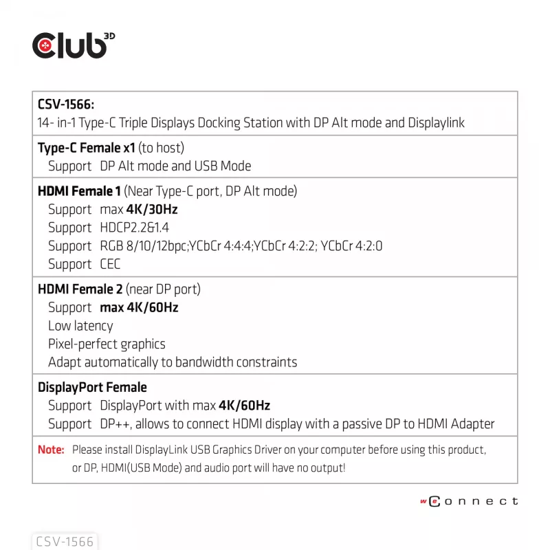 CLUB3D USB Gen1 Type-C Triple Display DP Alt mode Displaylink Dynamic PD Charging Dock with 120 Watt PS