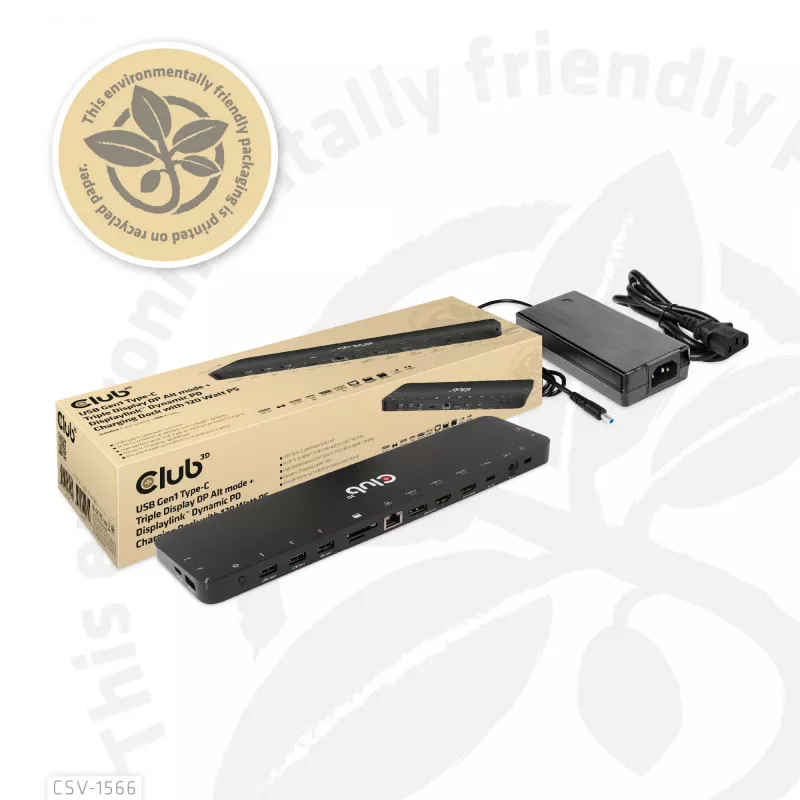 CLUB3D USB Gen1 Type-C Triple Display DP Alt mode Displaylink Dynamic PD Charging Dock with 120 Watt PS