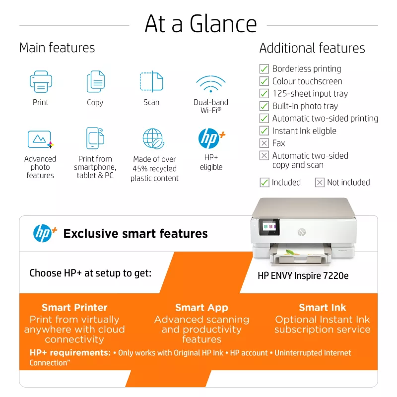 HP ENVY Inspire 7220e Wireless All-in-One Color Printer, Instant Ink; Copier, Scanner