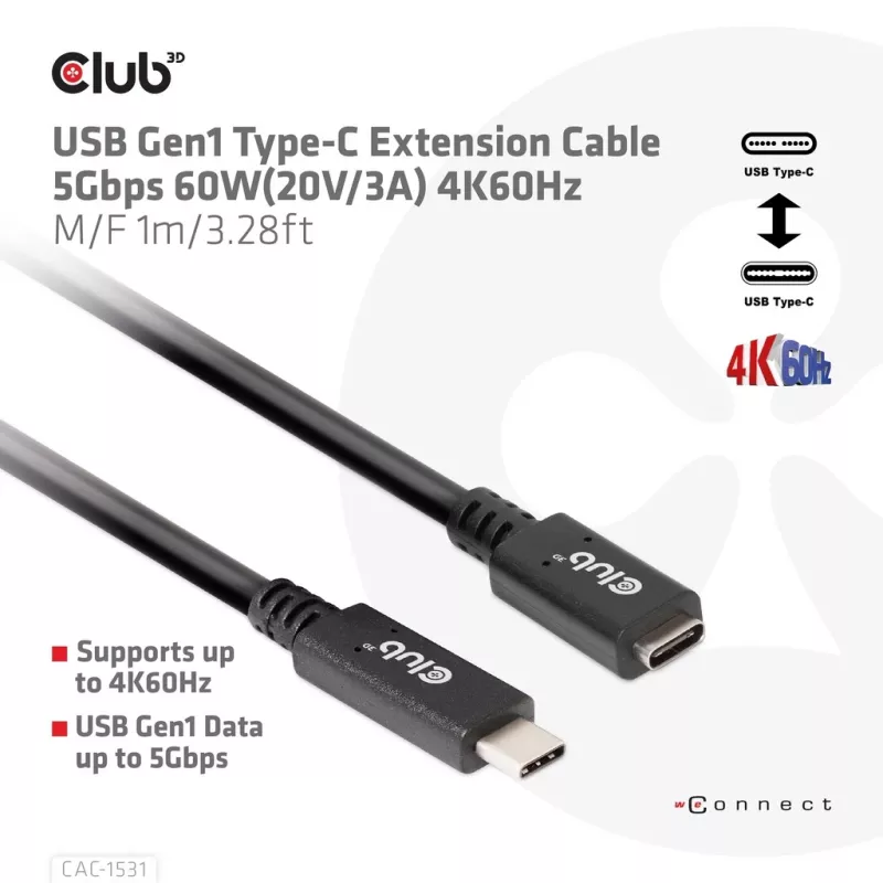USB Gen1 Type-C extension cable CLUB3D CAC-1531, 1 m, USB-C male to 2× USB-C female, 5 Gbps, 60W PD, 4K@60Hz