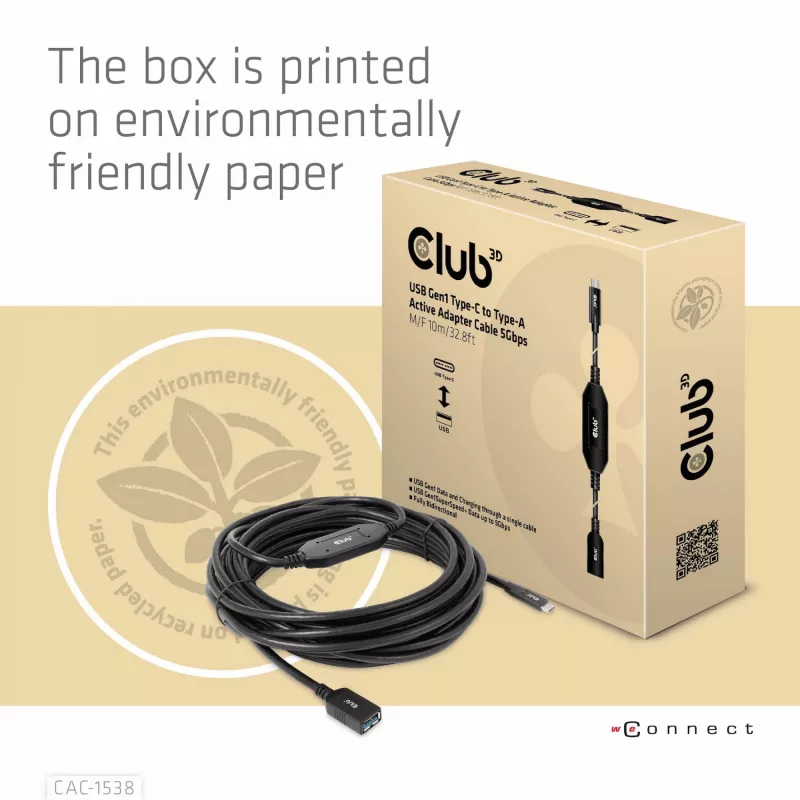 CLUB3D USB Gen1 Type-C to Type-A Active Adapter Cable 5Gbps M/F 10m/32.8ft