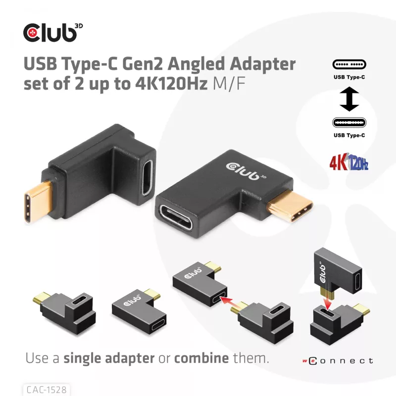 USB Type-C Gen2 angled adapter set of 2 CLUB3D CAC-1528 — USB-C to USB-C, supports 4K@120Hz