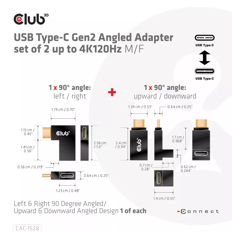 USB Type-C Gen2 angled adapter set of 2 CLUB3D CAC-1528 — USB-C to USB-C, supports 4K@120Hz