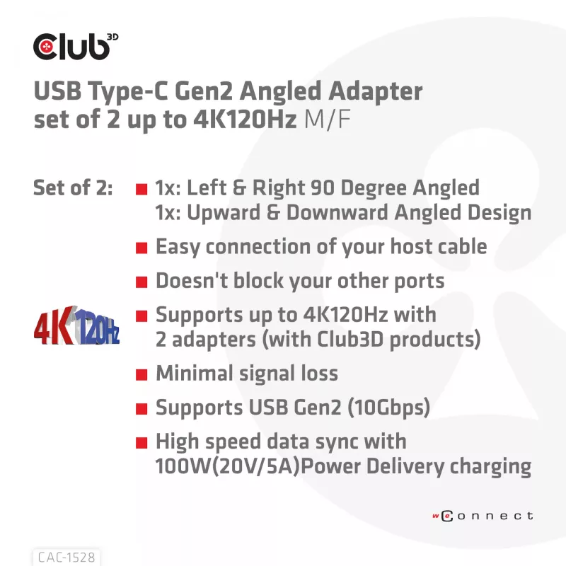 USB Type-C Gen2 angled adapter set of 2 CLUB3D CAC-1528 — USB-C to USB-C, supports 4K@120Hz