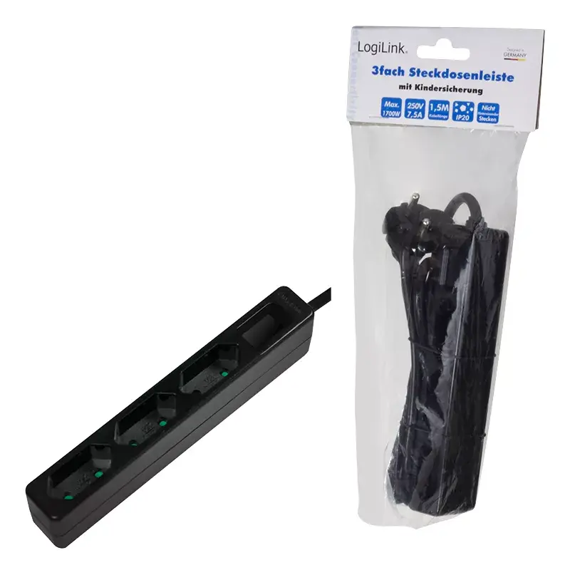 Power Extension LogiLink LPS229B 1.5 m 3 AC Outlets Indoor Black