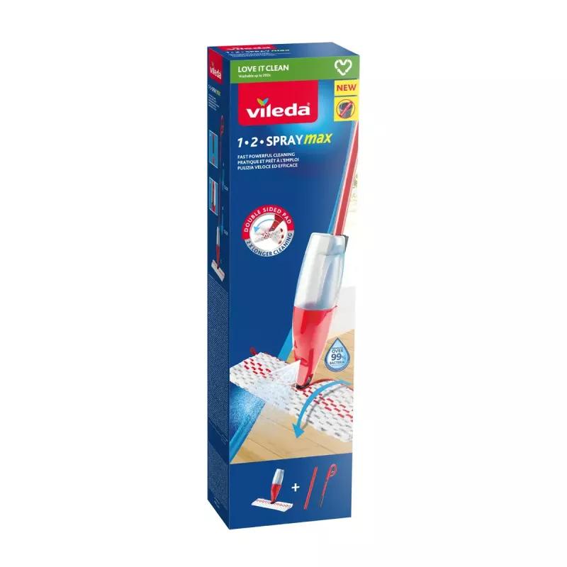 Mop VILEDA Spray Max Microfibre Dry & Wet — plastic head, 0.6 L water tank, antibacterial, white/red