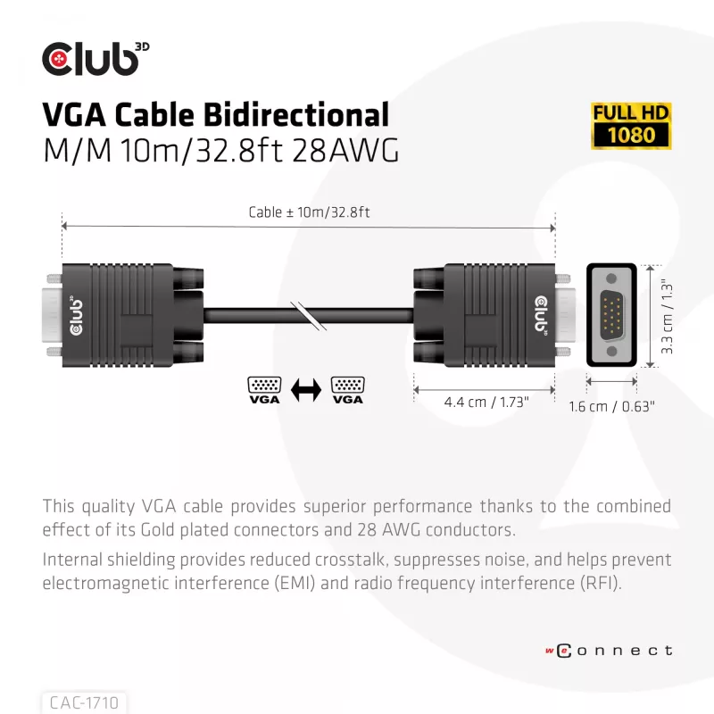 VGA Cable Bidirectional M/M 10m/32.8ft CLUB3D CAC-1710
