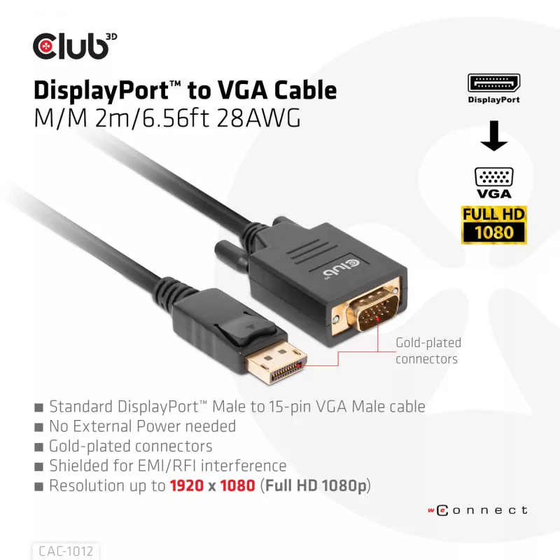 DisplayPort to VGA Cable M/M CLUB3D CAC-1012 2m