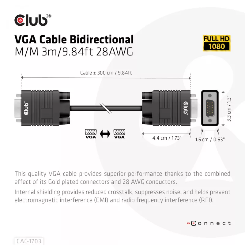 VGA Cable Bidirectional M/M 3m 28AWG CLUB3D CAC-1703