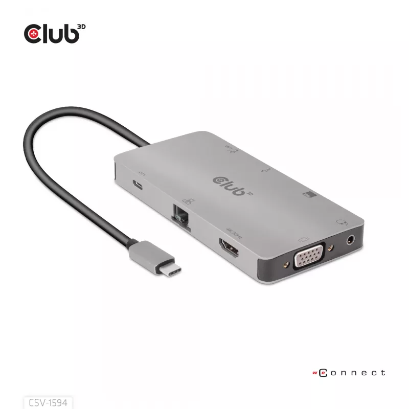 CLUB3D USB Gen1 Type-C 9-in-1 hub with HDMI, VGA, 2x USB Gen1 Type-A, RJ45, SD/Micro SD card slots and USB Gen1 Type-C Female port
