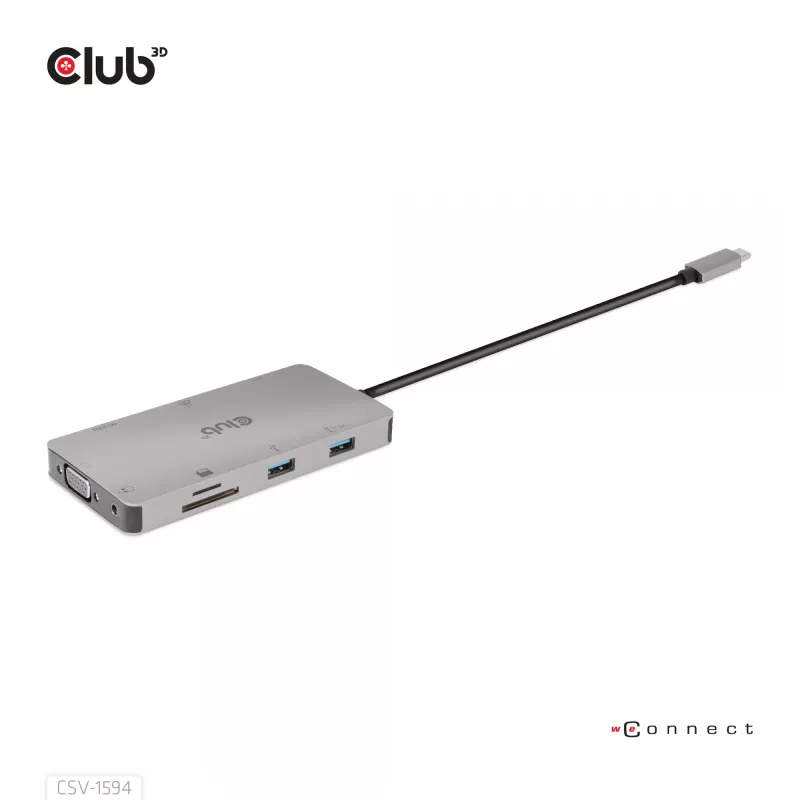CLUB3D USB Gen1 Type-C 9-in-1 hub with HDMI, VGA, 2x USB Gen1 Type-A, RJ45, SD/Micro SD card slots and USB Gen1 Type-C Female port