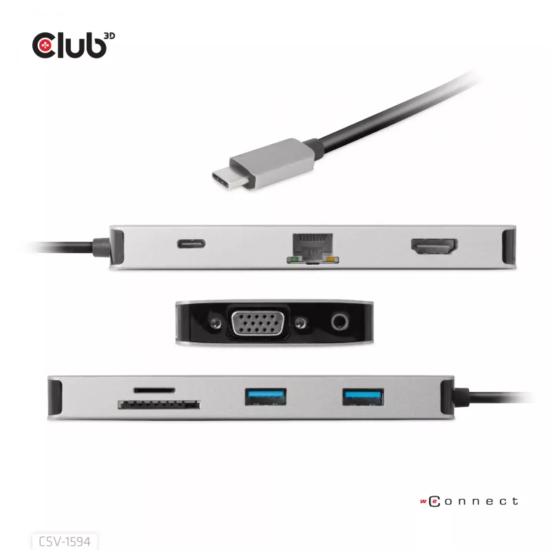 CLUB3D USB Gen1 Type-C 9-in-1 hub with HDMI, VGA, 2x USB Gen1 Type-A, RJ45, SD/Micro SD card slots and USB Gen1 Type-C Female port