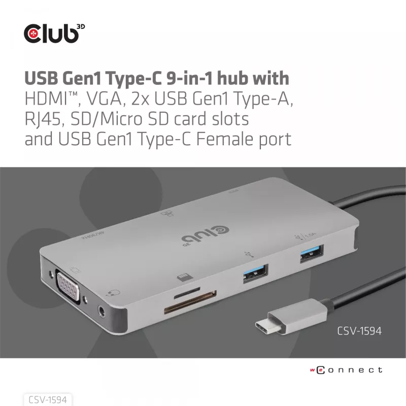 CLUB3D USB Gen1 Type-C 9-in-1 hub with HDMI, VGA, 2x USB Gen1 Type-A, RJ45, SD/Micro SD card slots and USB Gen1 Type-C Female port