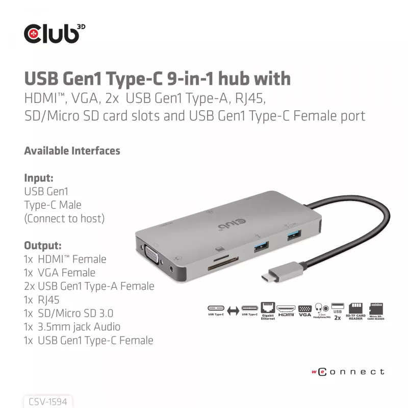 CLUB3D USB Gen1 Type-C 9-in-1 hub with HDMI, VGA, 2x USB Gen1 Type-A, RJ45, SD/Micro SD card slots and USB Gen1 Type-C Female port
