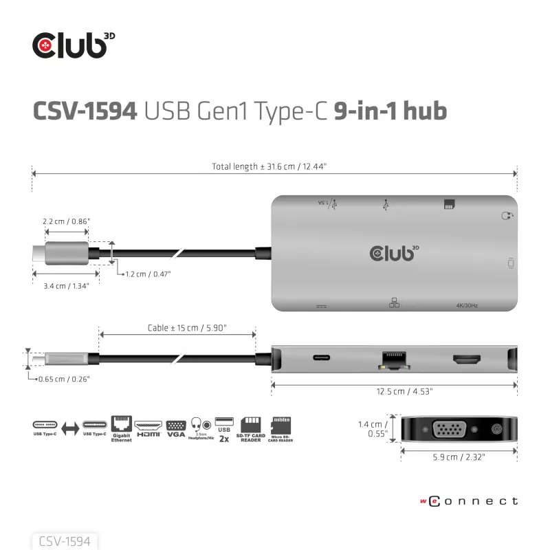 CLUB3D USB Gen1 Type-C 9-in-1 hub with HDMI, VGA, 2x USB Gen1 Type-A, RJ45, SD/Micro SD card slots and USB Gen1 Type-C Female port